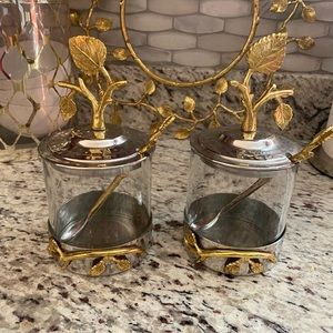 2 Gold leaf jam/sugar jar sets with spoons!!